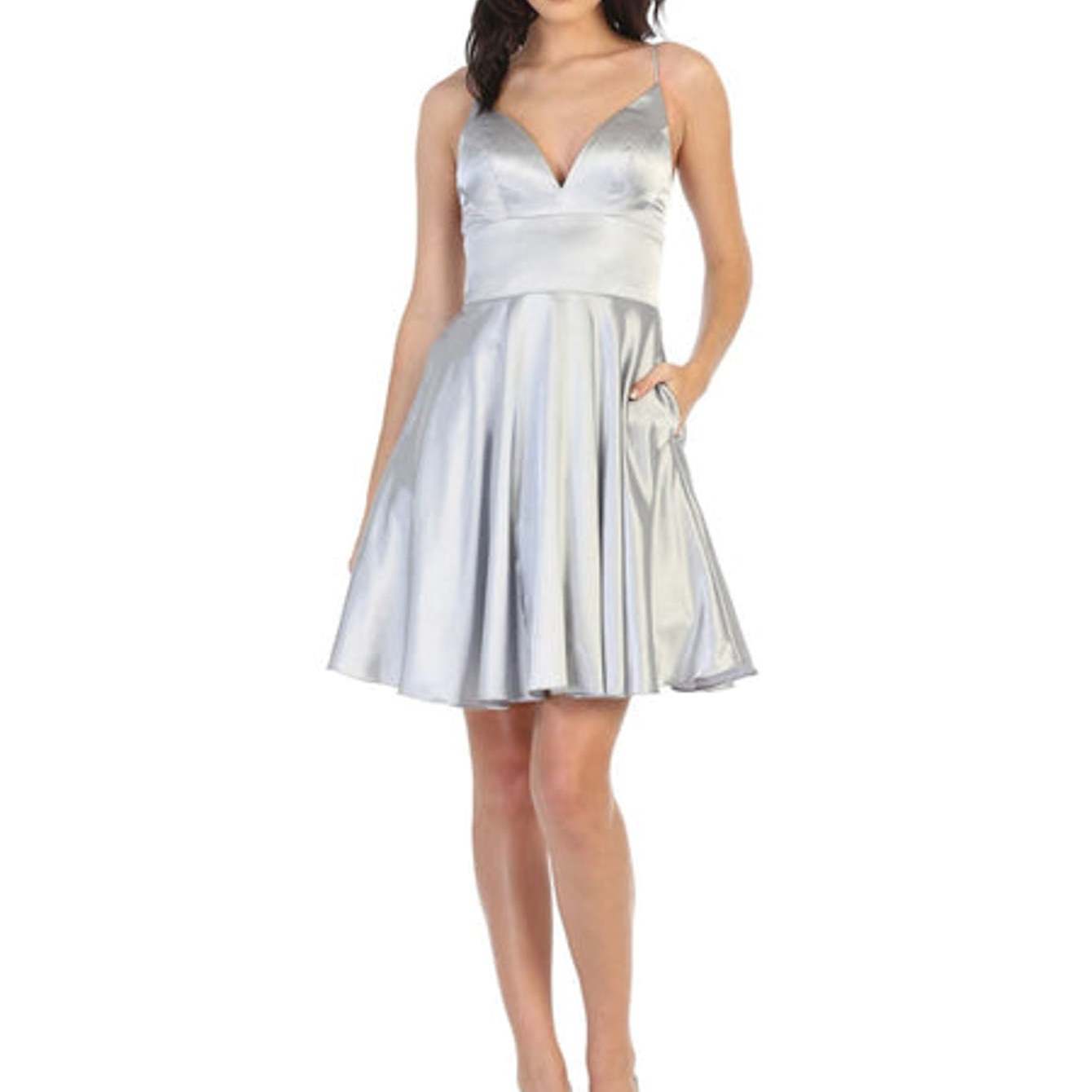 Spaghetti Strap V-Neck A-Line Mini Cocktail Dress with Pockets – Satin Fit & Flare Party Dress