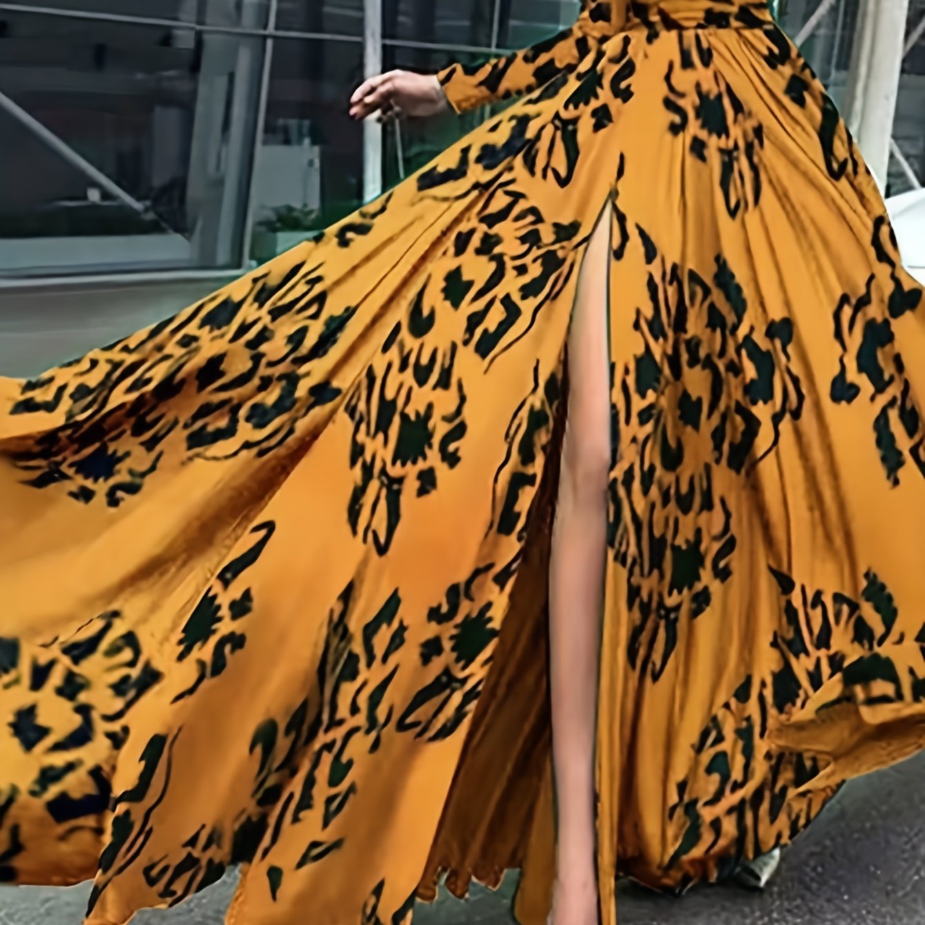 Elegant Off-Shoulder Evening Gown for Women - Sexy V-Neck, Long Sleeve, Waist Cinching, Formal Ball Gown with Leopard Print, Golden Accents, and Flowing Skirt, Formal Evening Gown