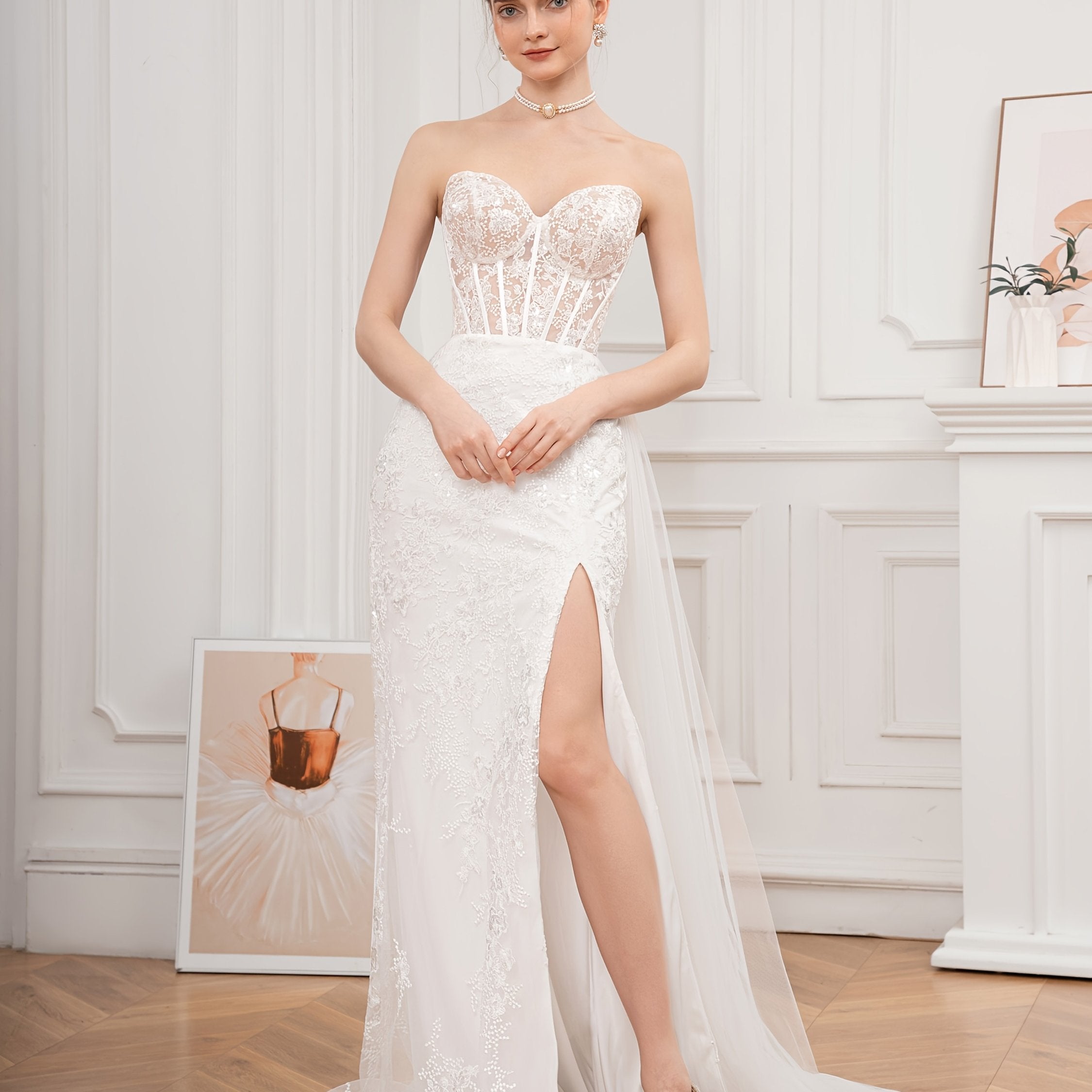 Sweetheart Neck Strapless Sequin & Lace Embroidery Wedding Dress with Floating Slit & Open Back - Bodycon Silhouette Long Formal Gown for Bridal, Galas, Special Occasions, Wedding Dresses for Bride, Bridal Gown, No Stretch Fabric