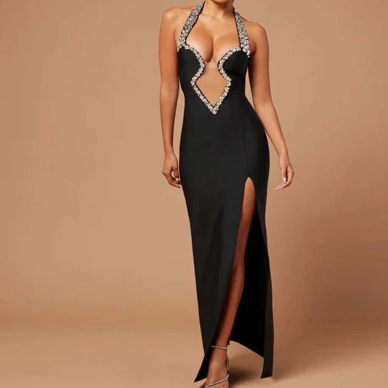 Halter Hollow Out Long Dress Beading Diamonds Party Bandage Evening Dresses
