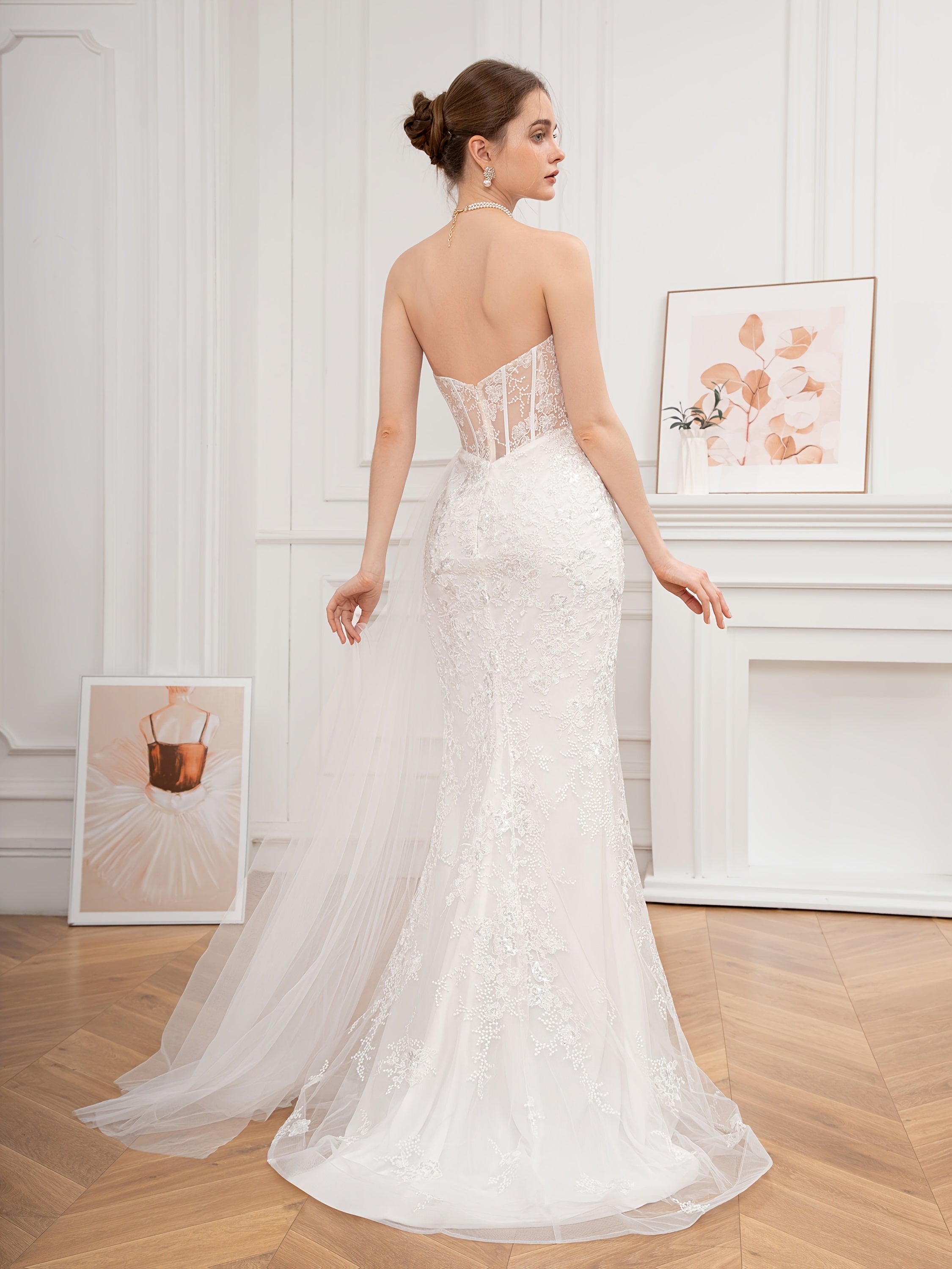 Sweetheart Neck Strapless Sequin & Lace Embroidery Wedding Dress with Floating Slit & Open Back - Bodycon Silhouette Long Formal Gown for Bridal, Galas, Special Occasions, Wedding Dresses for Bride, Bridal Gown, No Stretch Fabric