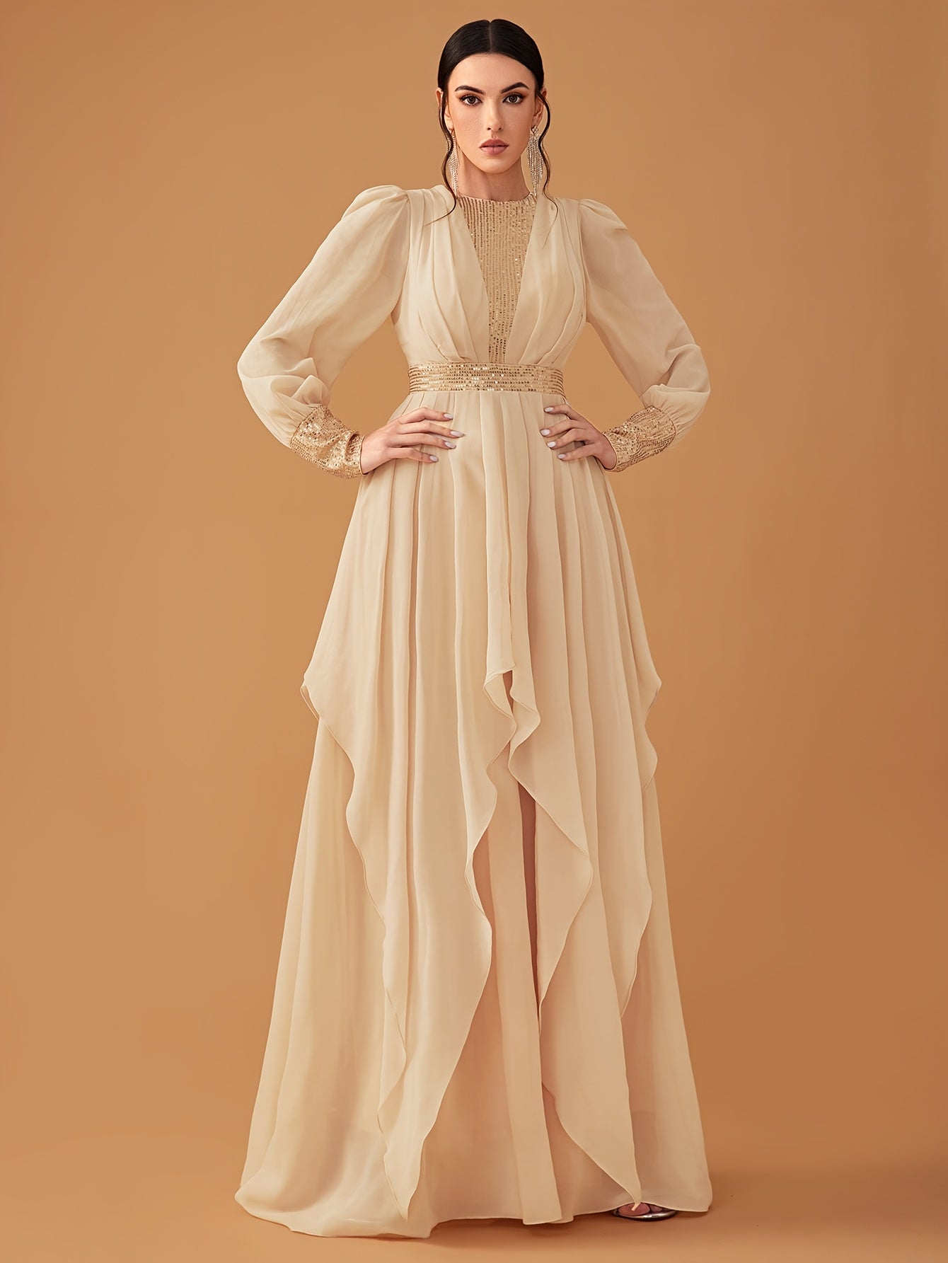 Elegant Women'S Sequin Lantern Sleeve Evening Dress - Chiffon, Fitted with Flowing Ruffles, Round Neck, Perfect for Parties & Formal Events, Formal Evening Gown