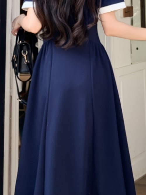 Elegant Navy Blue Midi Dress for Women - Collar, Short Sleeve, Cinched Waist, Flowy Design, Perfect for Casual or Formal Occasions, Allseason Attire | Flowy Midi Dress | Nontransparent Material