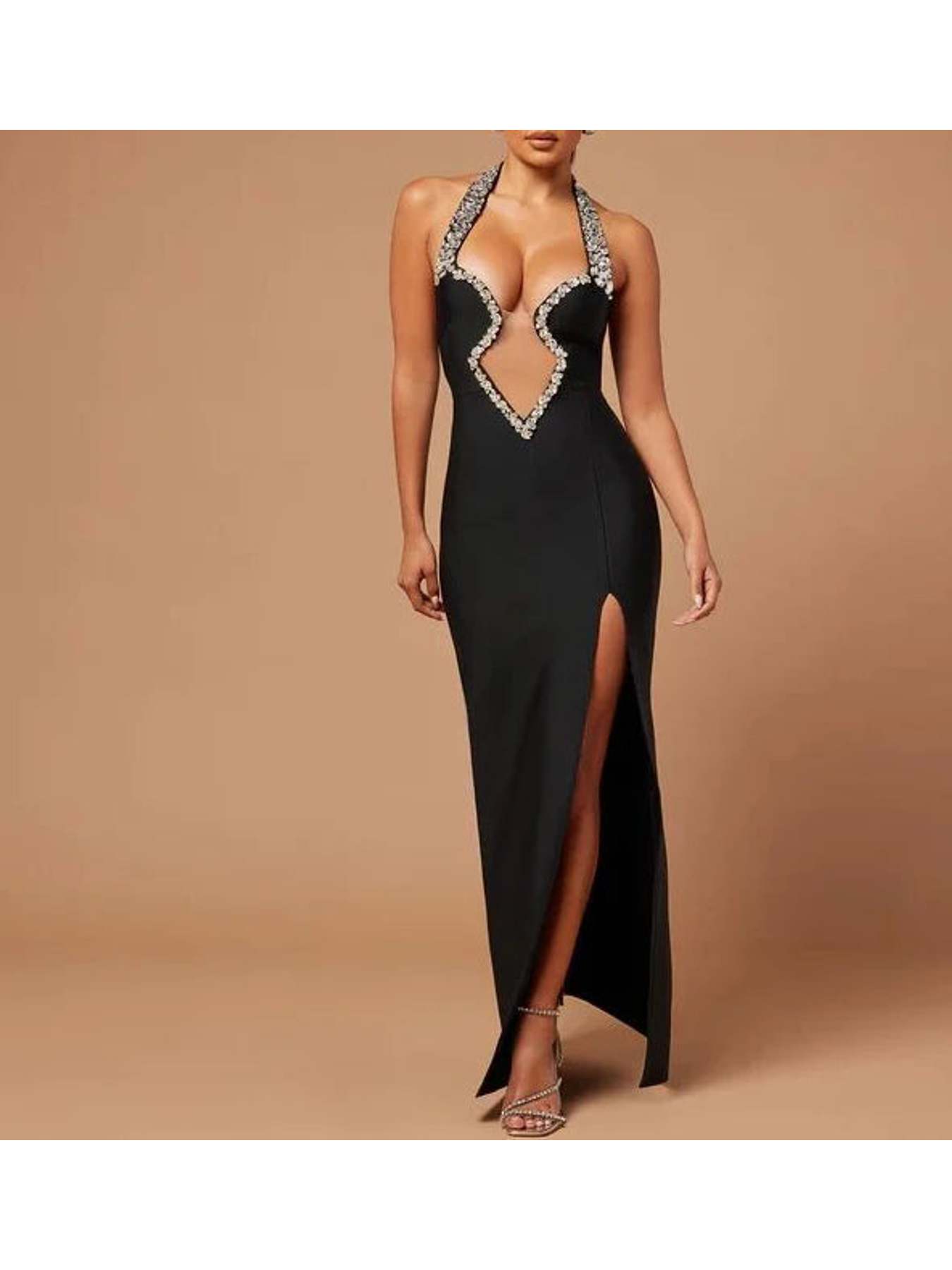 Halter Hollow Out Long Dress Beading Diamonds Party Bandage Evening Dresses
