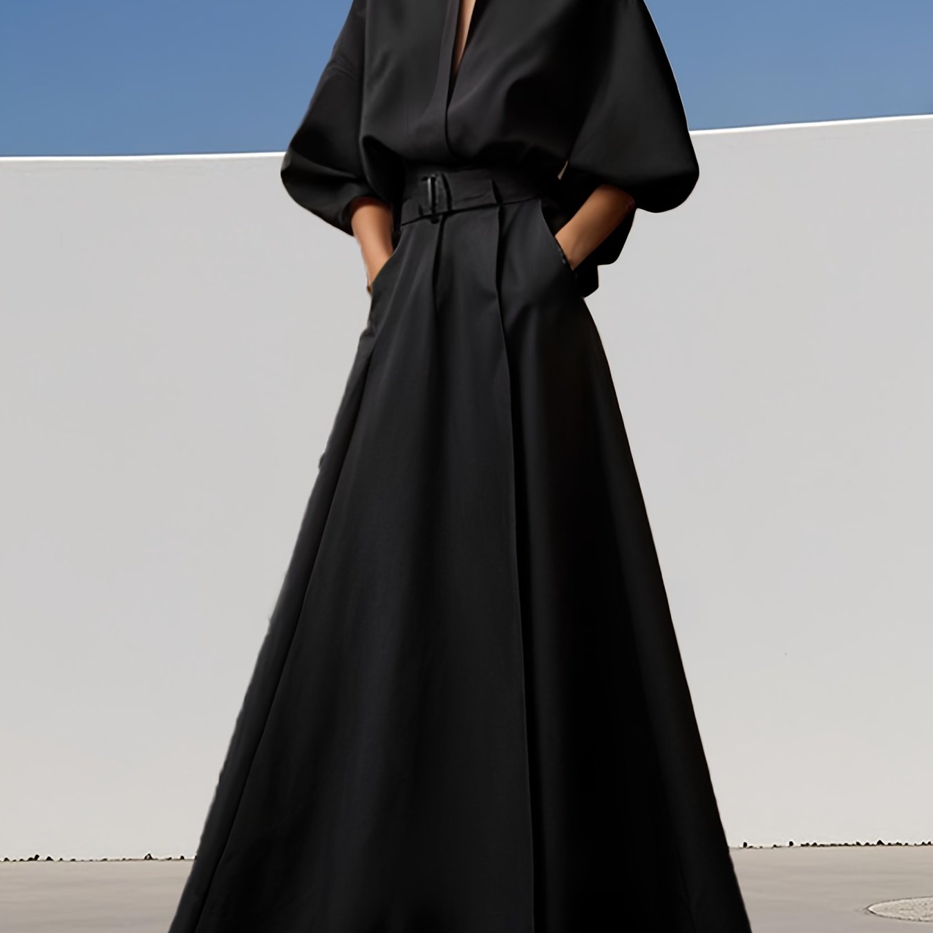 Ladies' Spring\u002FSummer New Fashionable And Elegant Deep V-neckline With Belt Dress, Casual Simple Pocket Evening Dress, Long Skirt