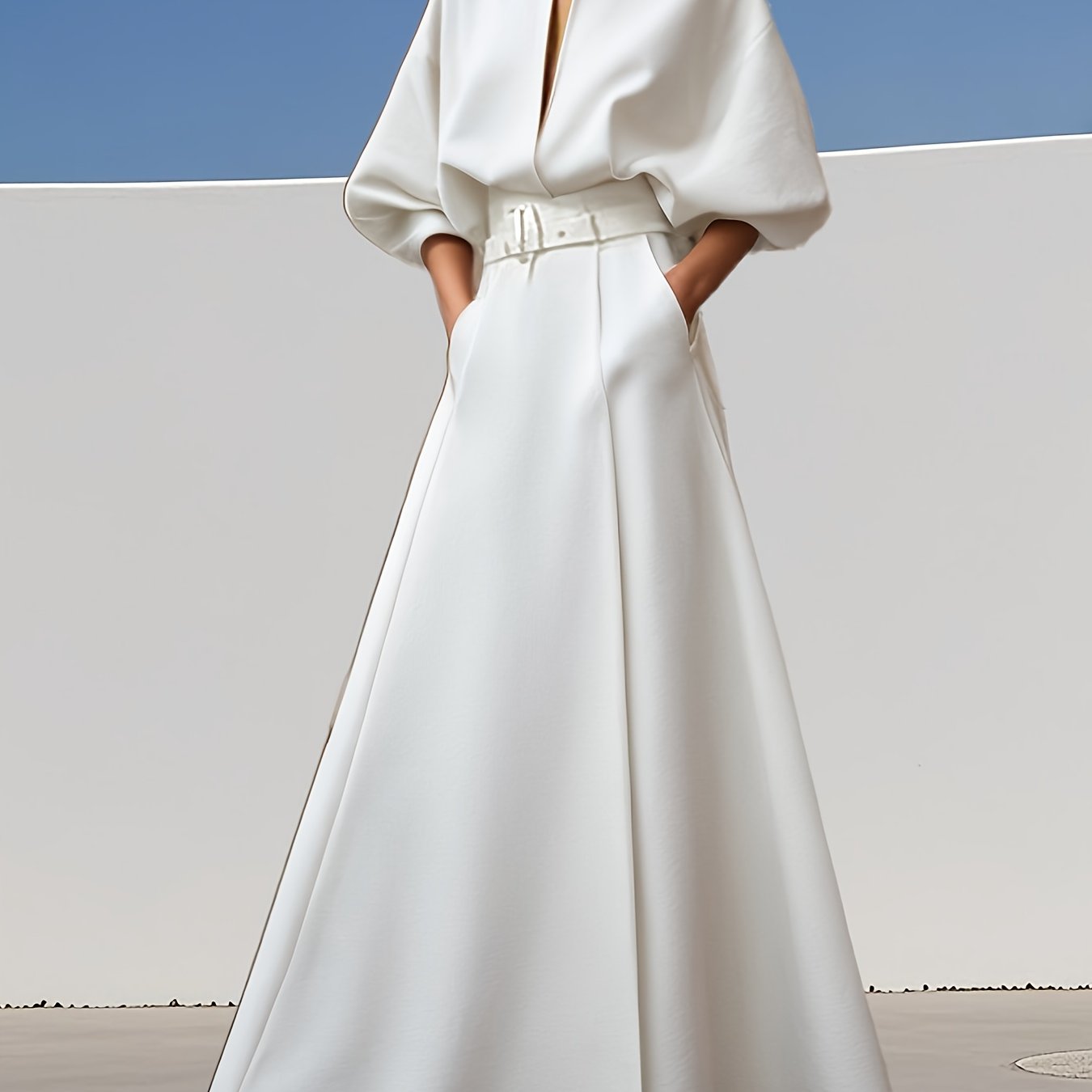 Ladies' Spring\u002FSummer New Fashionable And Elegant Deep V-neckline With Belt Dress, Casual Simple Pocket Evening Dress, Long Skirt