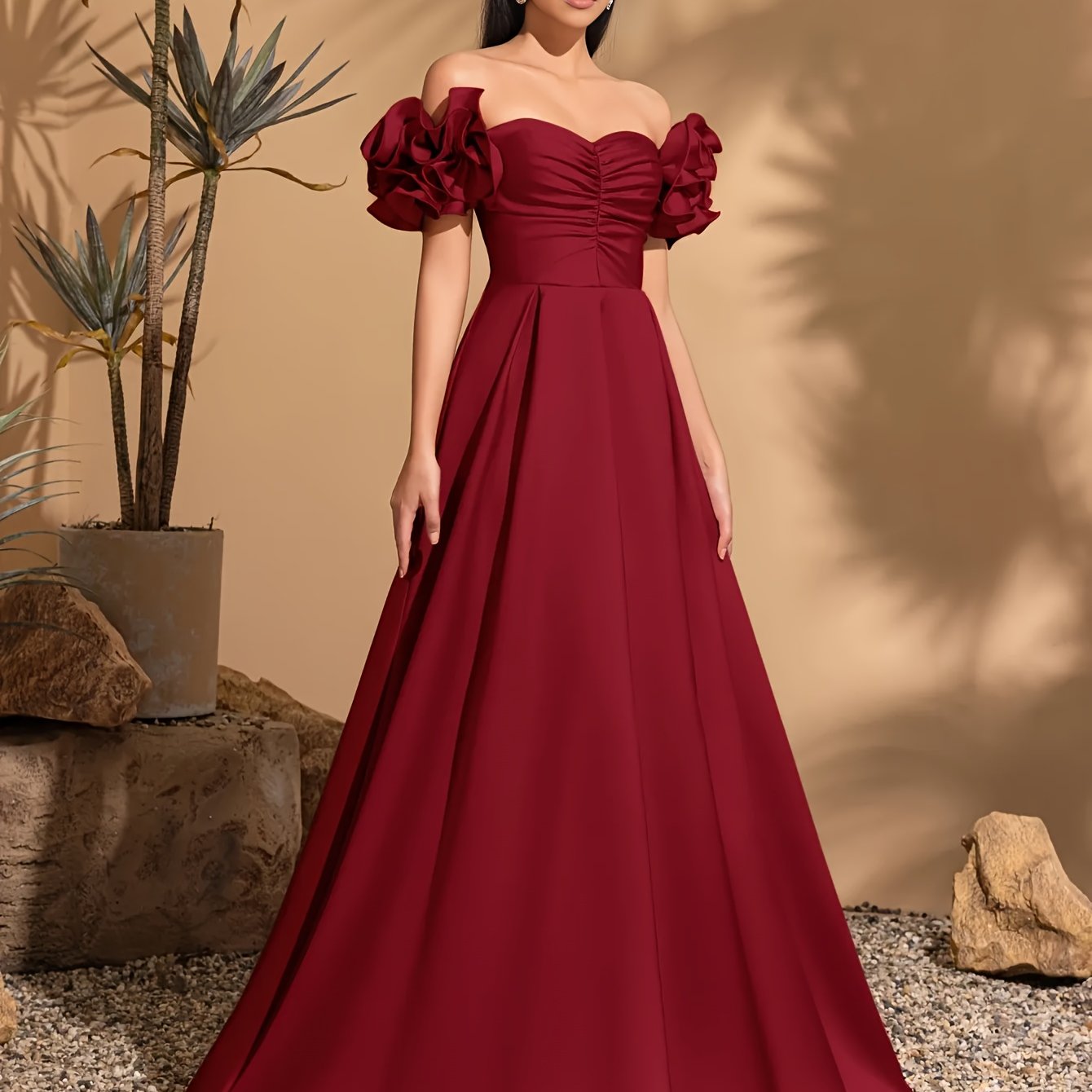 Elegant Off-Shoulder Floral Puff Sleeve Gown with Side Slit - Red, Polyester, A-Line Maxi Dress for Women, Perfect for Weddings & Formal Events, Wedding Dresses for Brid