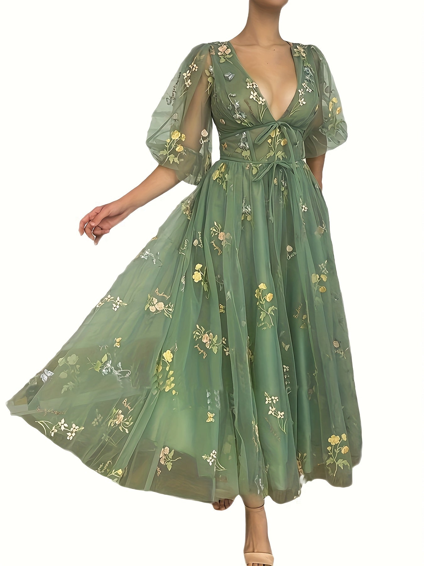 Elegant Floral Embroidered A-line Skirt with Transparent Sleeves, V-neck And Long Skirt, Suitable for Weddings, Dances And Special Occasions.