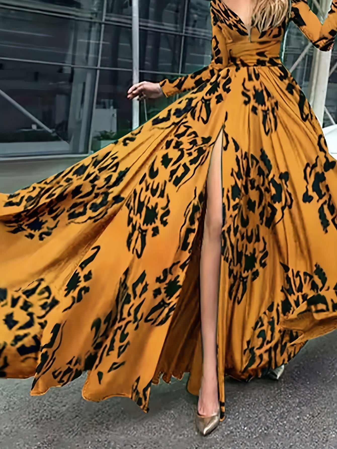 Elegant Off-Shoulder Evening Gown for Women - Sexy V-Neck, Long Sleeve, Waist Cinching, Formal Ball Gown with Leopard Print, Golden Accents, and Flowing Skirt, Formal Evening Gown