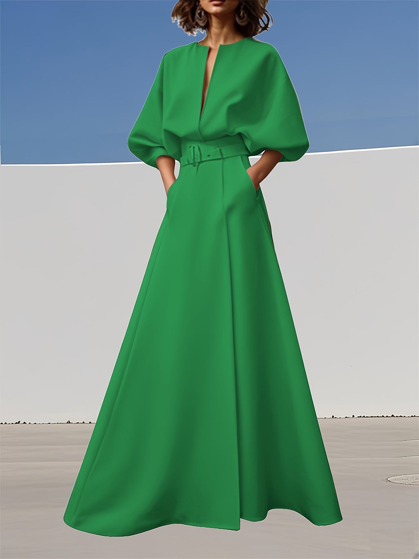 Ladies' Spring\u002FSummer New Fashionable And Elegant Deep V-neckline With Belt Dress, Casual Simple Pocket Evening Dress, Long Skirt