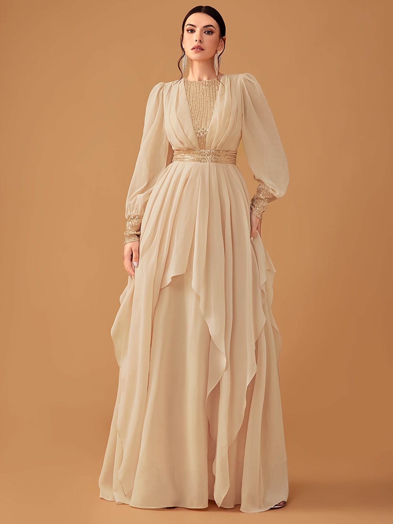 Elegant Women'S Sequin Lantern Sleeve Evening Dress - Chiffon, Fitted with Flowing Ruffles, Round Neck, Perfect for Parties & Formal Events, Formal Evening Gown