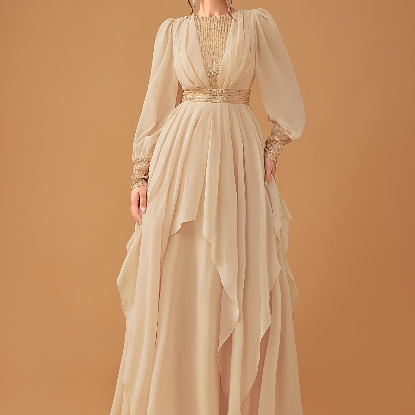 Elegant Women'S Sequin Lantern Sleeve Evening Dress - Chiffon, Fitted with Flowing Ruffles, Round Neck, Perfect for Parties & Formal Events, Formal Evening Gown