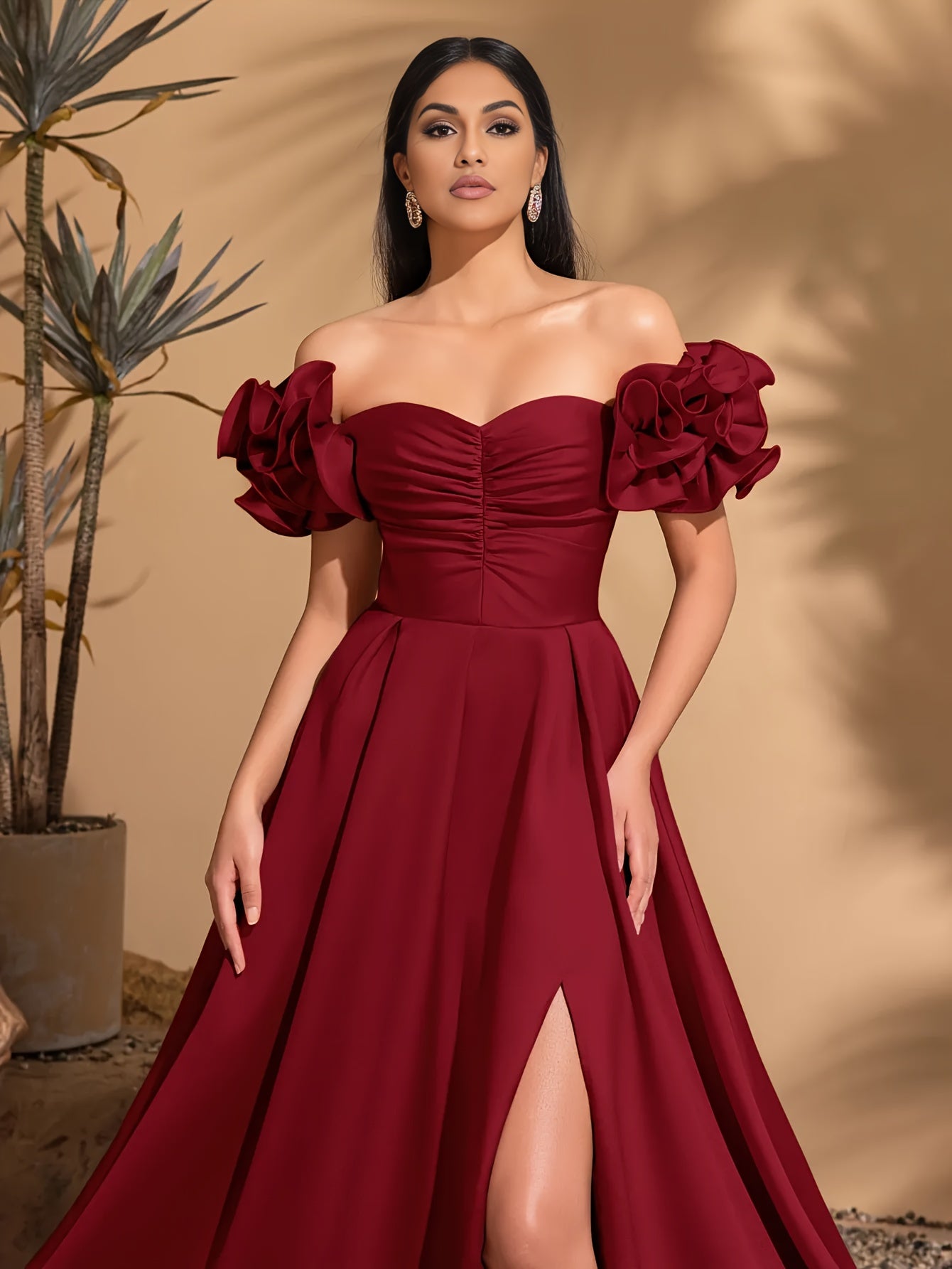 Elegant Off-Shoulder Floral Puff Sleeve Gown with Side Slit - Red, Polyester, A-Line Maxi Dress for Women, Perfect for Weddings & Formal Events, Wedding Dresses for Brid