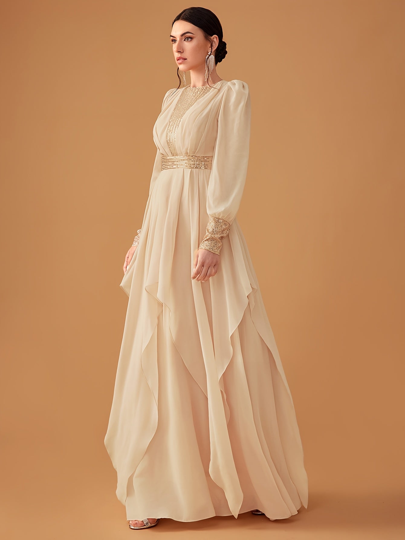 Elegant Women'S Sequin Lantern Sleeve Evening Dress - Chiffon, Fitted with Flowing Ruffles, Round Neck, Perfect for Parties & Formal Events, Formal Evening Gown