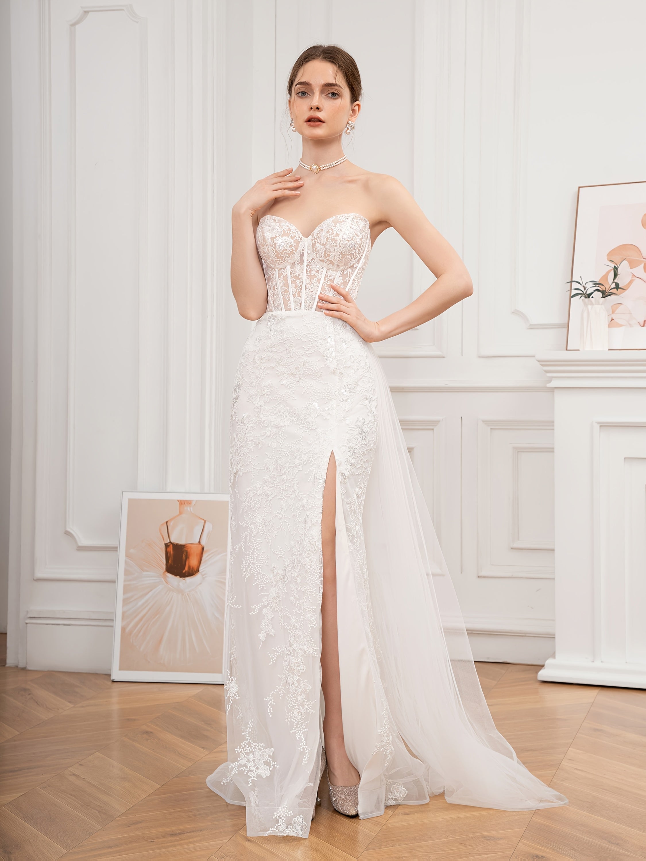 Sweetheart Neck Strapless Sequin & Lace Embroidery Wedding Dress with Floating Slit & Open Back - Bodycon Silhouette Long Formal Gown for Bridal, Galas, Special Occasions, Wedding Dresses for Bride, Bridal Gown, No Stretch Fabric