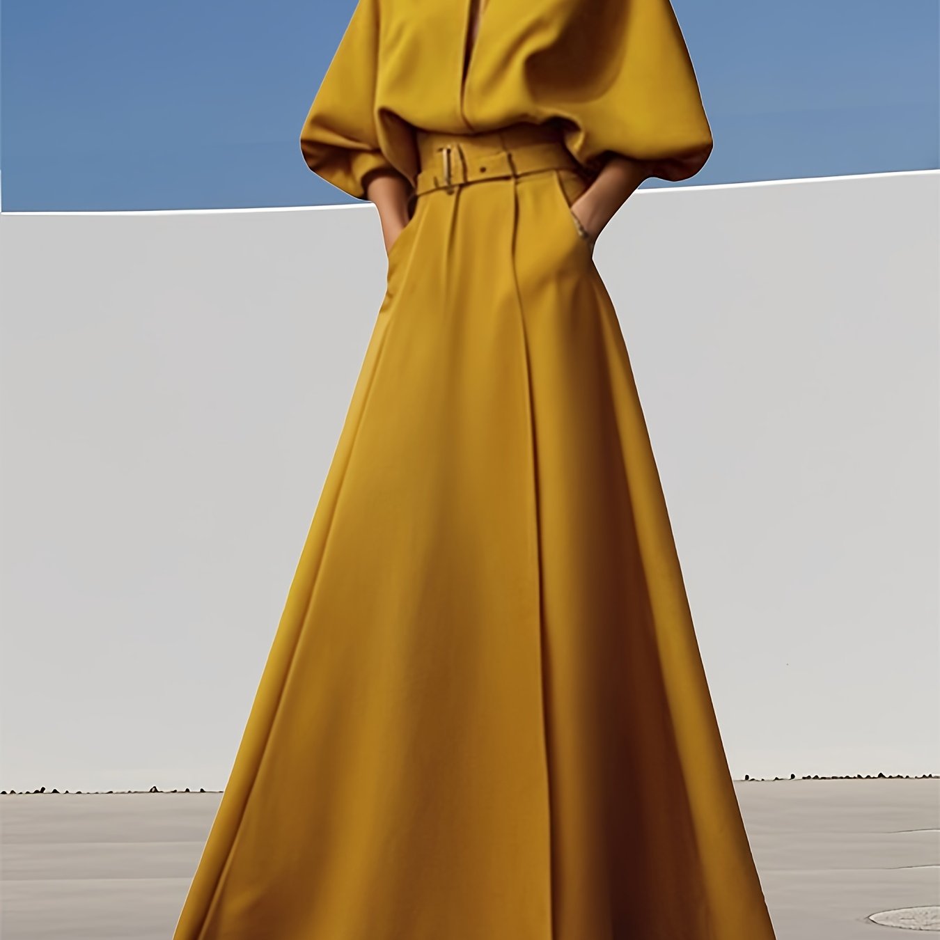 Ladies' Spring\u002FSummer New Fashionable And Elegant Deep V-neckline With Belt Dress, Casual Simple Pocket Evening Dress, Long Skirt