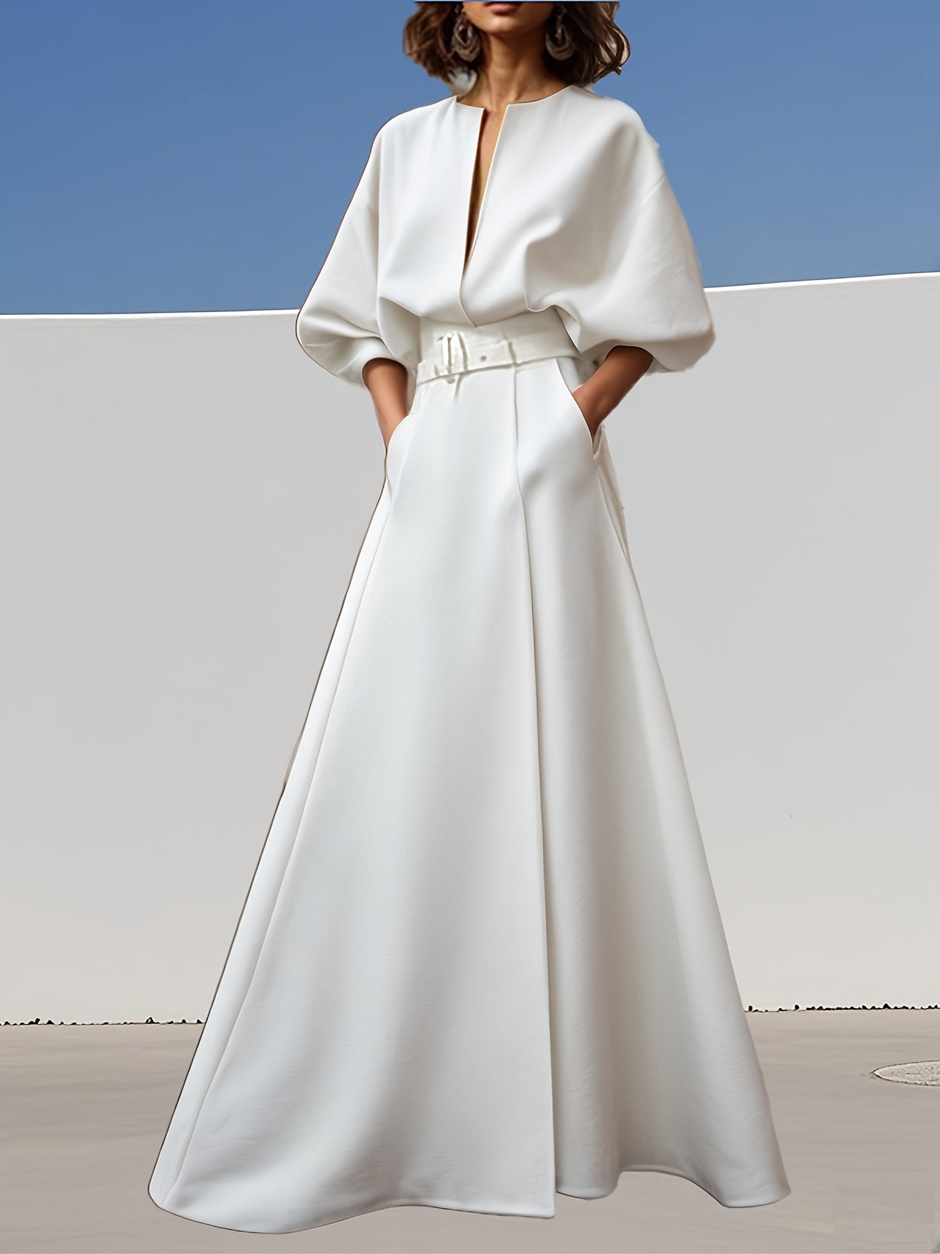 Ladies' Spring\u002FSummer New Fashionable And Elegant Deep V-neckline With Belt Dress, Casual Simple Pocket Evening Dress, Long Skirt