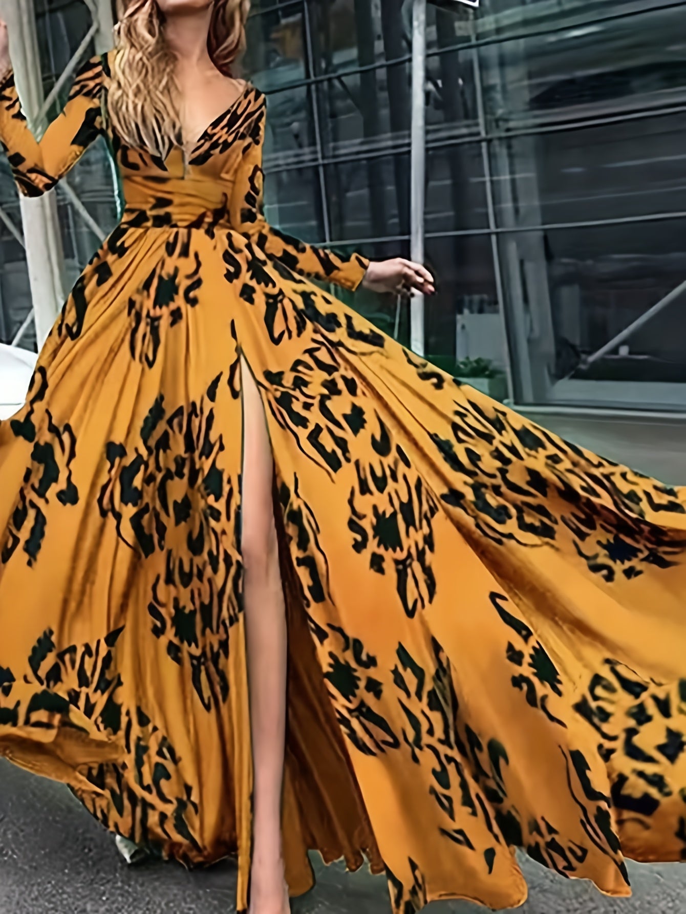 Elegant Off-Shoulder Evening Gown for Women - Sexy V-Neck, Long Sleeve, Waist Cinching, Formal Ball Gown with Leopard Print, Golden Accents, and Flowing Skirt, Formal Evening Gown