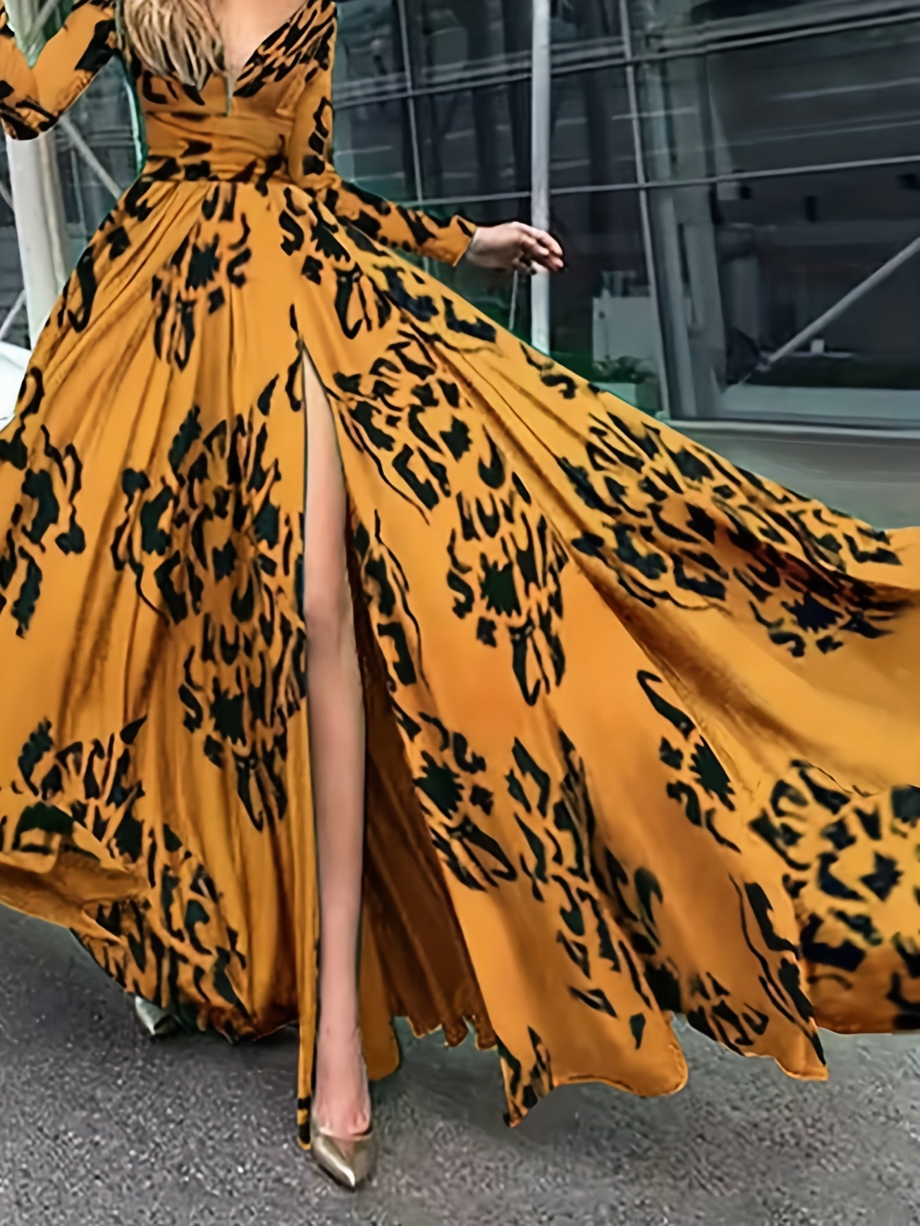 Elegant Off-Shoulder Evening Gown for Women - Sexy V-Neck, Long Sleeve, Waist Cinching, Formal Ball Gown with Leopard Print, Golden Accents, and Flowing Skirt, Formal Evening Gown