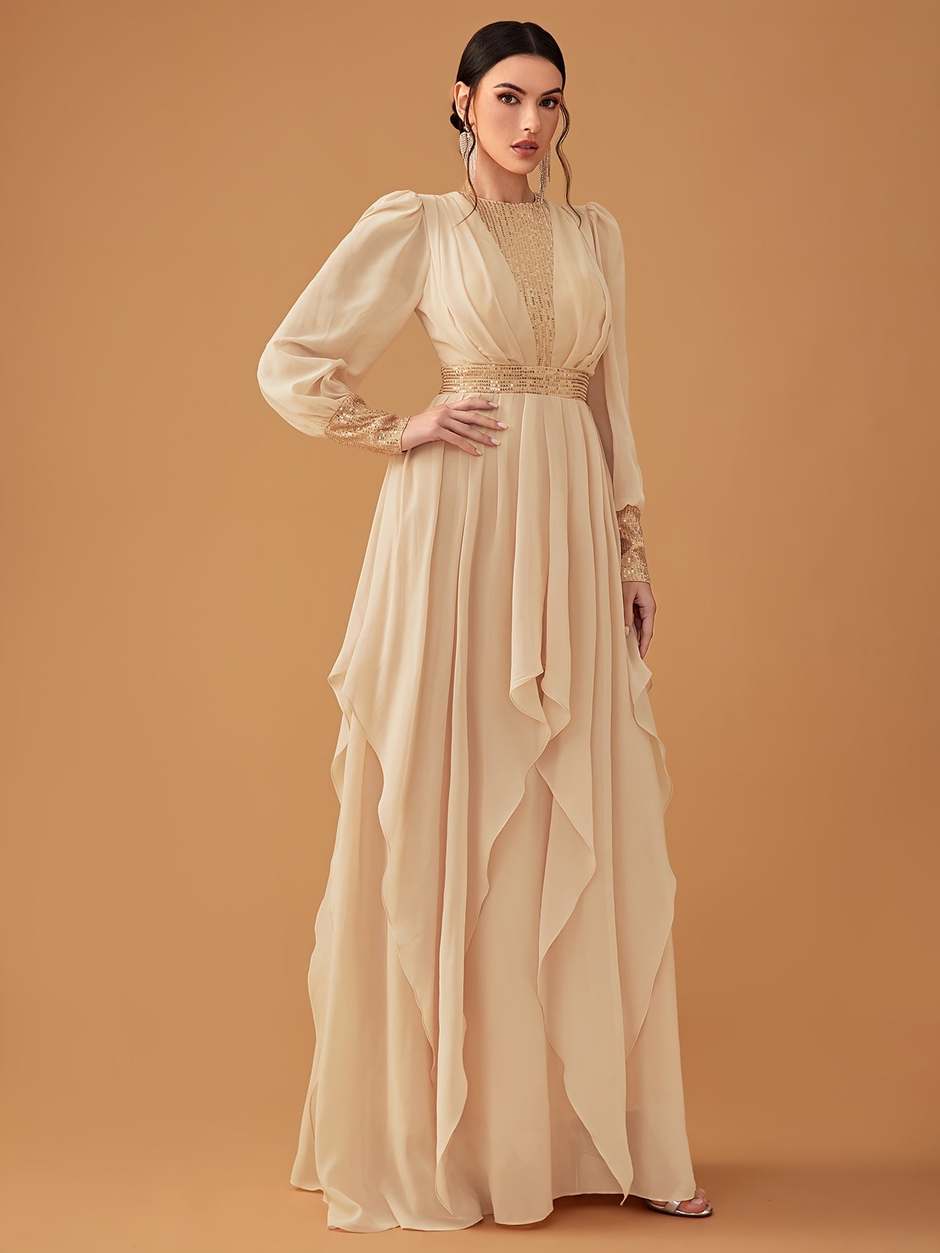 Elegant Women'S Sequin Lantern Sleeve Evening Dress - Chiffon, Fitted with Flowing Ruffles, Round Neck, Perfect for Parties & Formal Events, Formal Evening Gown