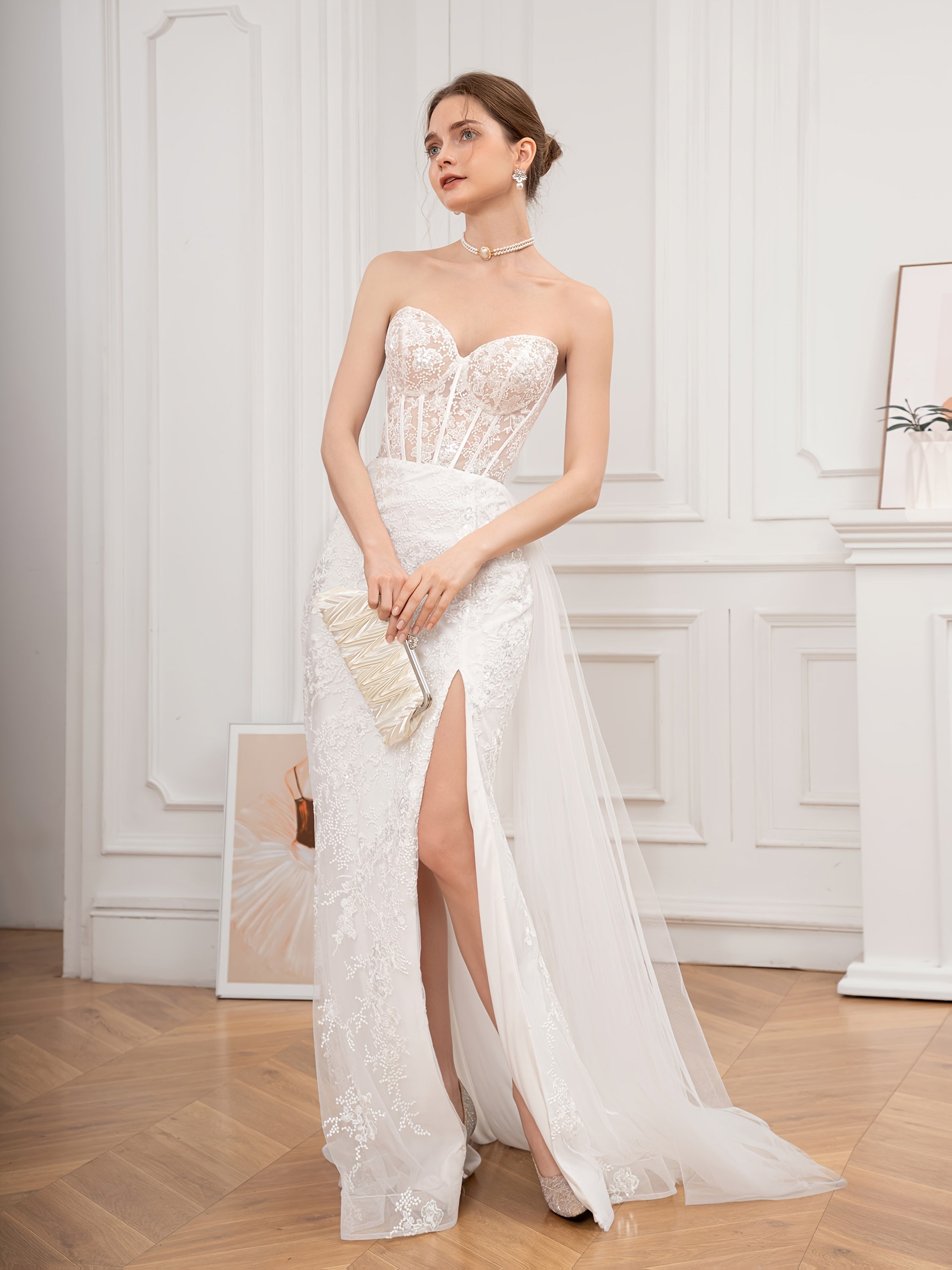 Sweetheart Neck Strapless Sequin & Lace Embroidery Wedding Dress with Floating Slit & Open Back - Bodycon Silhouette Long Formal Gown for Bridal, Galas, Special Occasions, Wedding Dresses for Bride, Bridal Gown, No Stretch Fabric