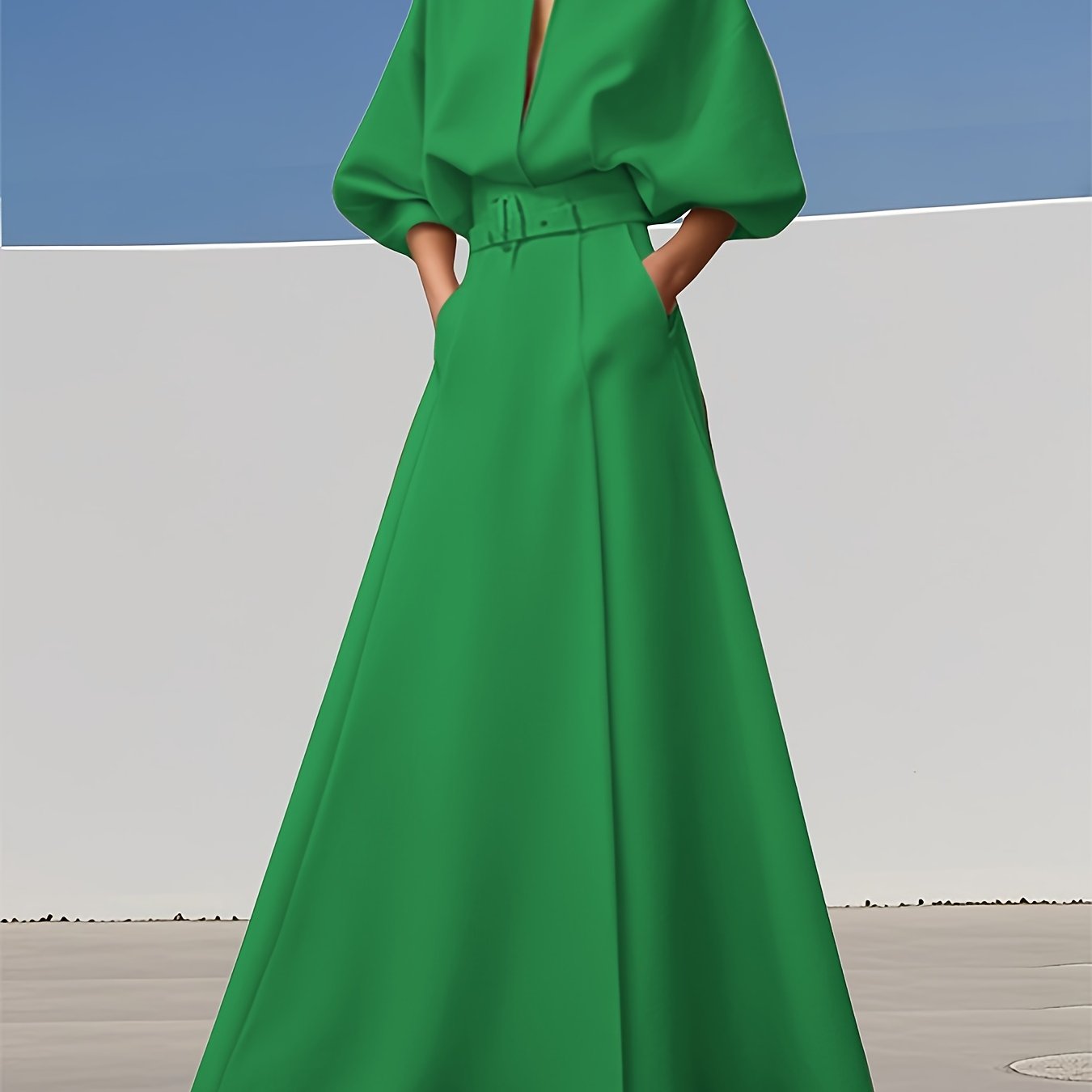 Ladies' Spring\u002FSummer New Fashionable And Elegant Deep V-neckline With Belt Dress, Casual Simple Pocket Evening Dress, Long Skirt