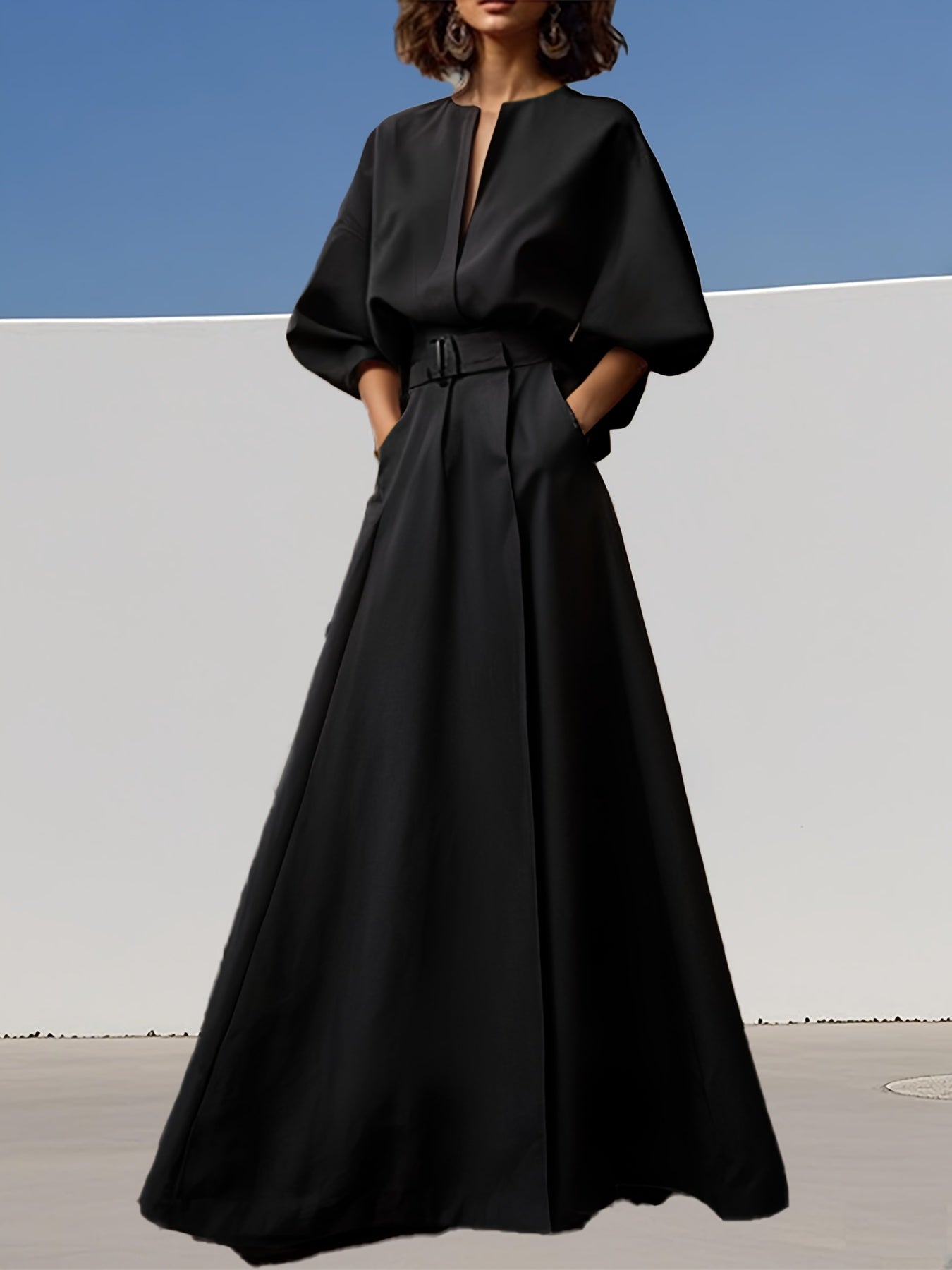 Ladies' Spring\u002FSummer New Fashionable And Elegant Deep V-neckline With Belt Dress, Casual Simple Pocket Evening Dress, Long Skirt