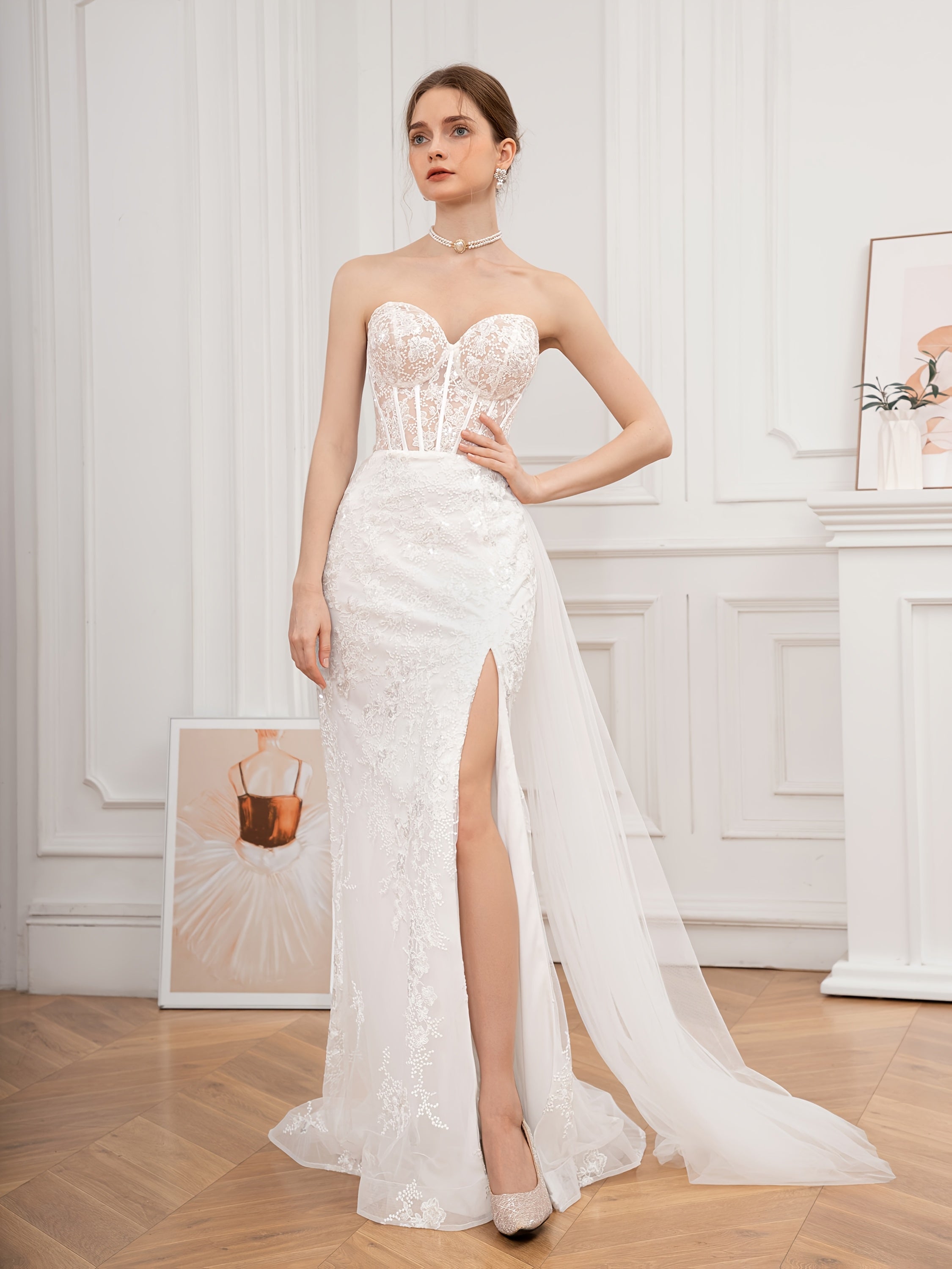 Sweetheart Neck Strapless Sequin & Lace Embroidery Wedding Dress with Floating Slit & Open Back - Bodycon Silhouette Long Formal Gown for Bridal, Galas, Special Occasions, Wedding Dresses for Bride, Bridal Gown, No Stretch Fabric