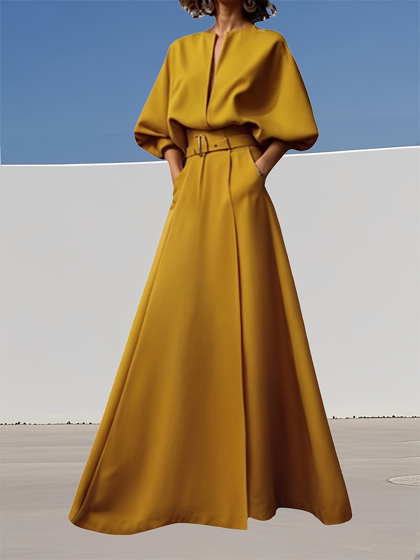 Ladies' Spring\u002FSummer New Fashionable And Elegant Deep V-neckline With Belt Dress, Casual Simple Pocket Evening Dress, Long Skirt