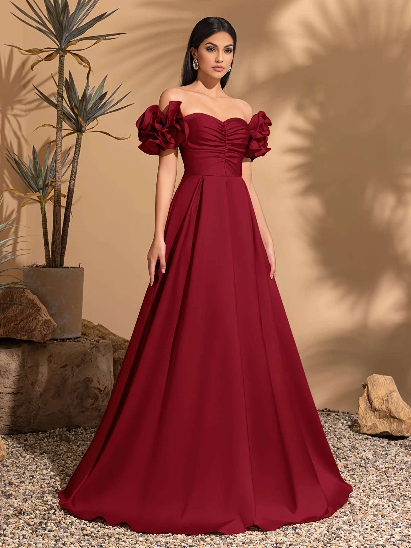 Elegant Off-Shoulder Floral Puff Sleeve Gown with Side Slit - Red, Polyester, A-Line Maxi Dress for Women, Perfect for Weddings & Formal Events, Wedding Dresses for Brid