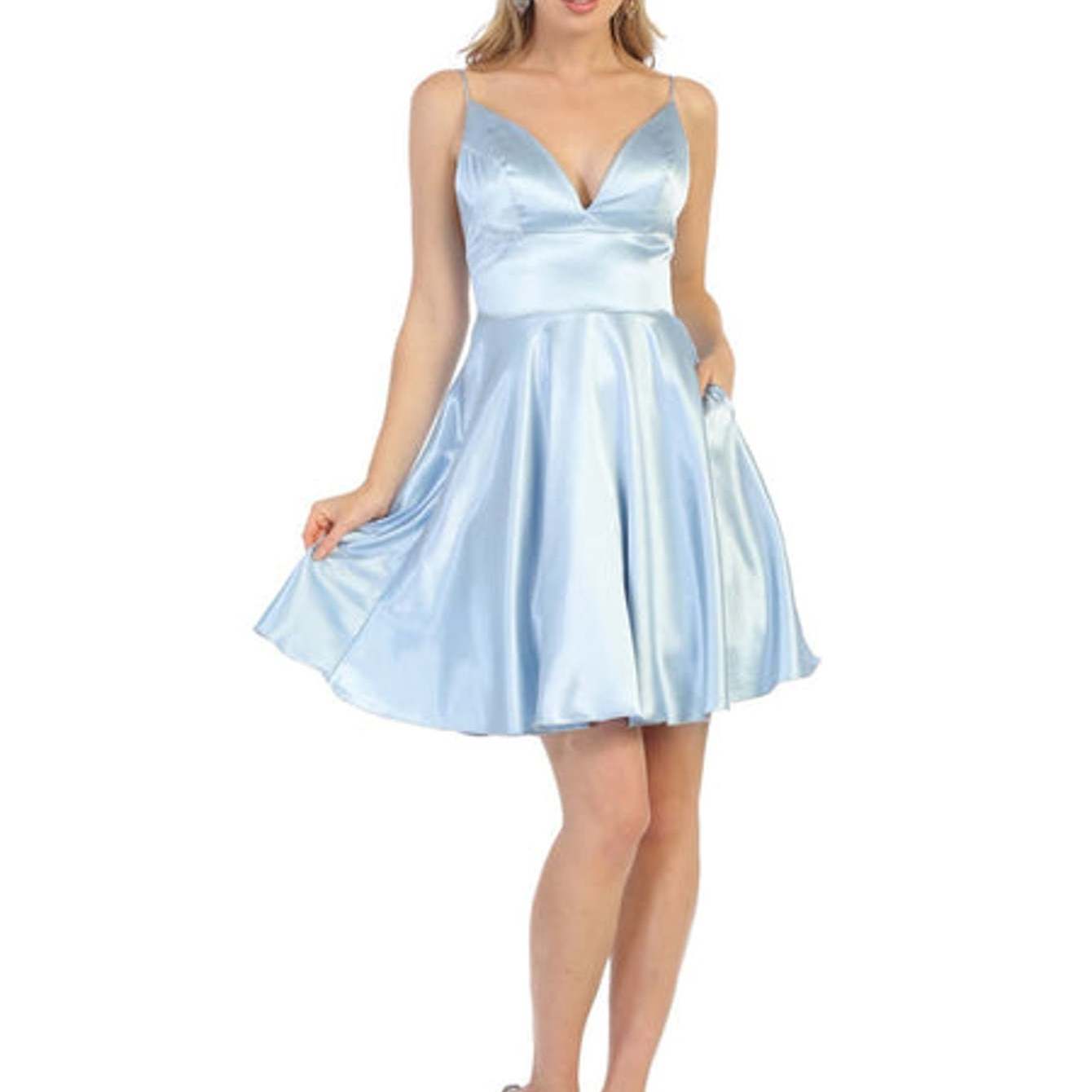 Spaghetti Strap V-Neck A-Line Mini Cocktail Dress with Pockets – Satin Fit & Flare Party Dress